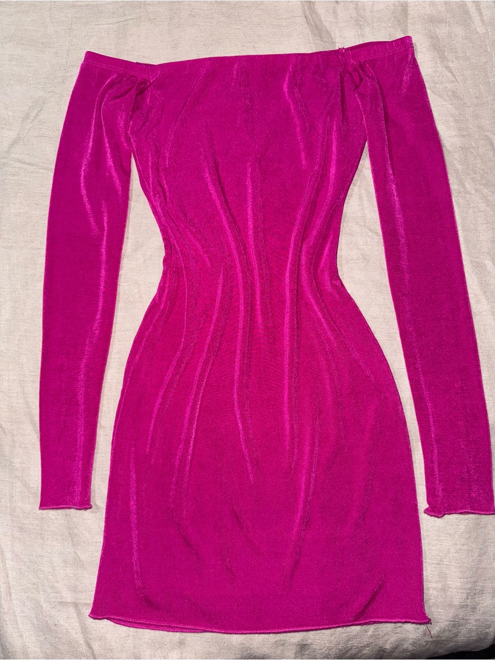 Naked Wardrobe Off-Shoulder Long Sleeve Bodycon Dress in Hot Pink Size S Nwot